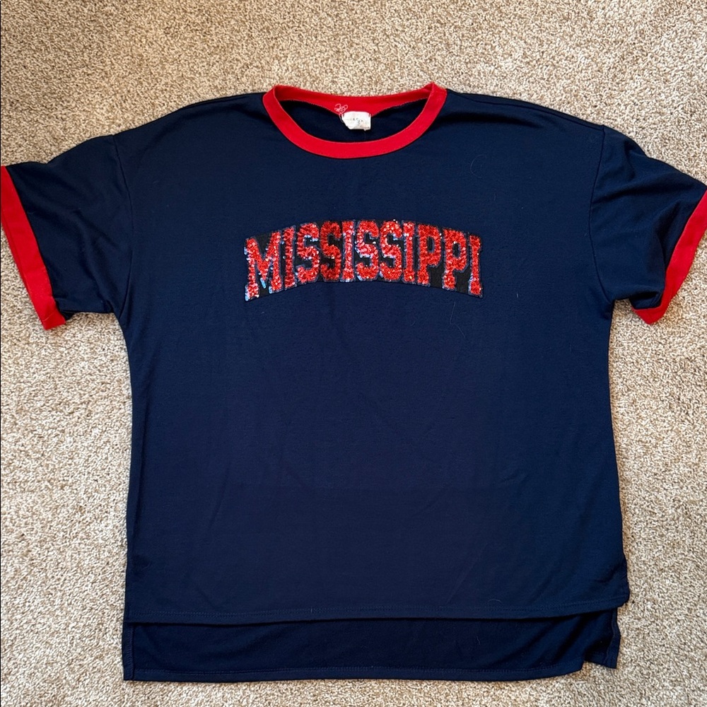 Mississippi/Ole Miss sequin Fantastic Fawn Navy and Red Tee size medium